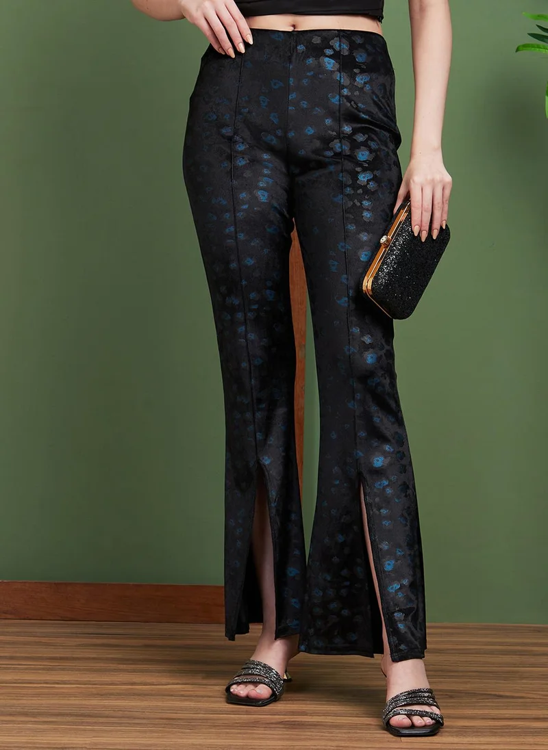 جلو باص بنطلون جلوبس نسائي أسود مطبوع بقصة واسعة